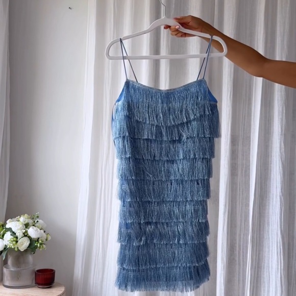 Zara Light Blue metallic Fringe Mini Dress - Picture 15 of 16